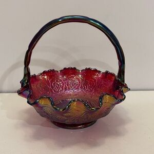 Fenton Ruby Red Carnival Glass Persian Medallion Basket 8 1/2" Tall Iridescent